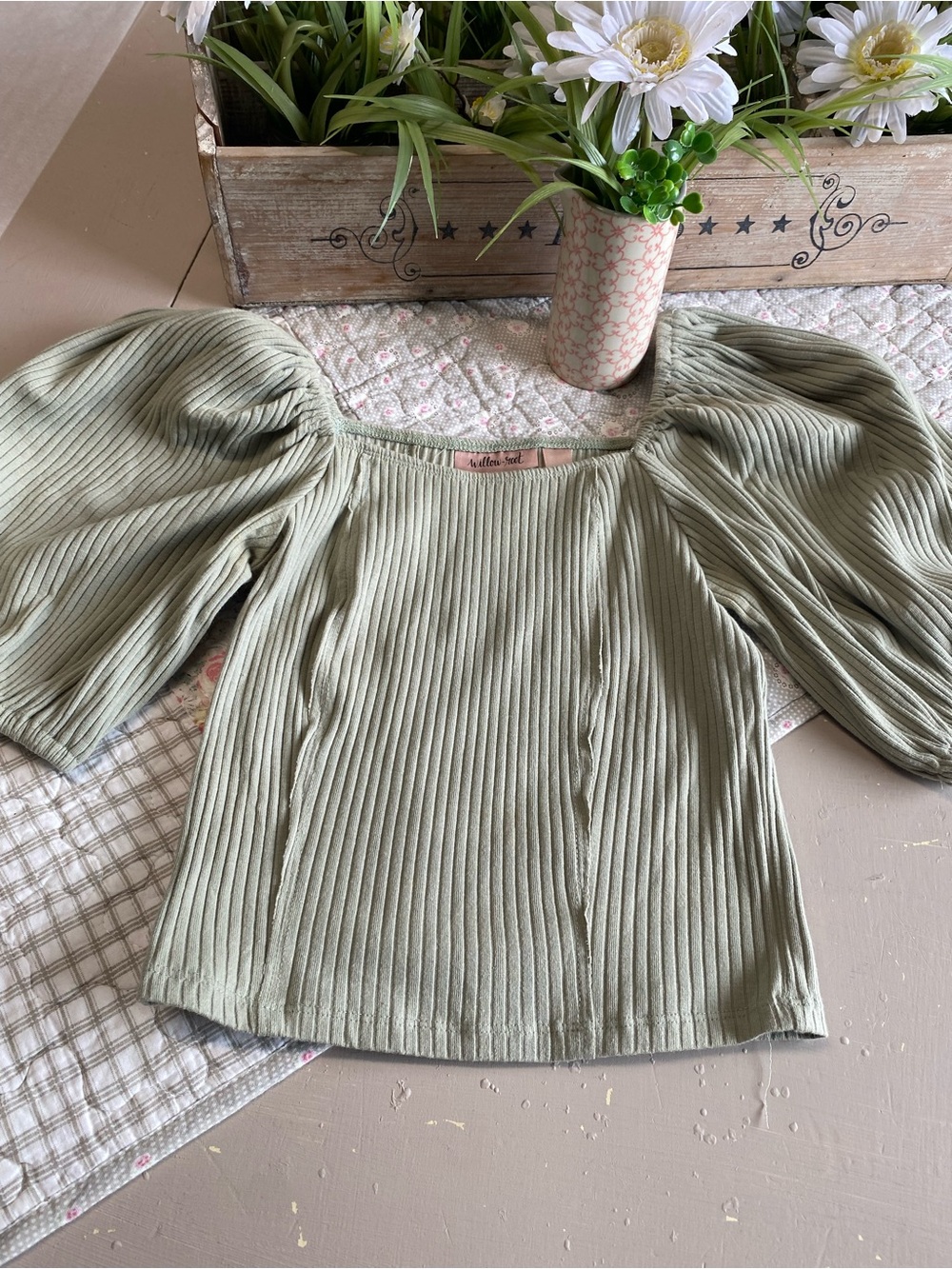 Sage Green Ribbed Puff-Sleeve Square Neck Top